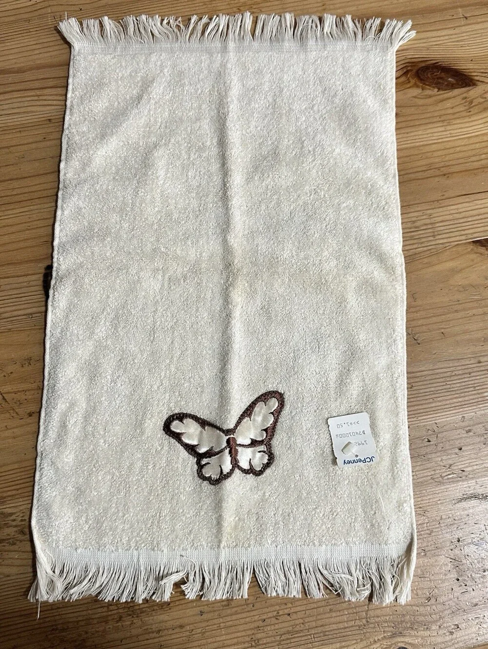 Vintage 70s Boho Butterfly Towel Set | Cream & Brown Fringed  Retro Home Decor